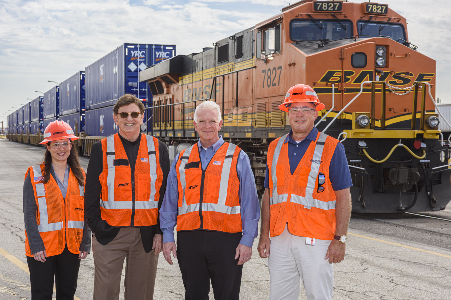 L to R: Stephanie Kuntzman, BNSF; Maynard Skarka, YRC Freight Senior Vice President, Operations; T.J. O’Connor, YRC Worldwide Chief Operating Officer and YRC Freight President; and Todd Carter, BNSF.