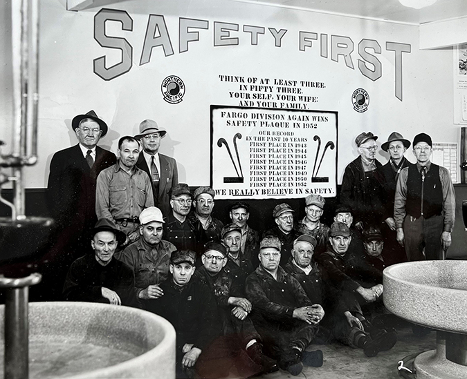 Fargo Division safety celebration 1952. Cari Elstad’s great-grandfather, Arthur Elstad, is seated at left in the second row wearing black hat.