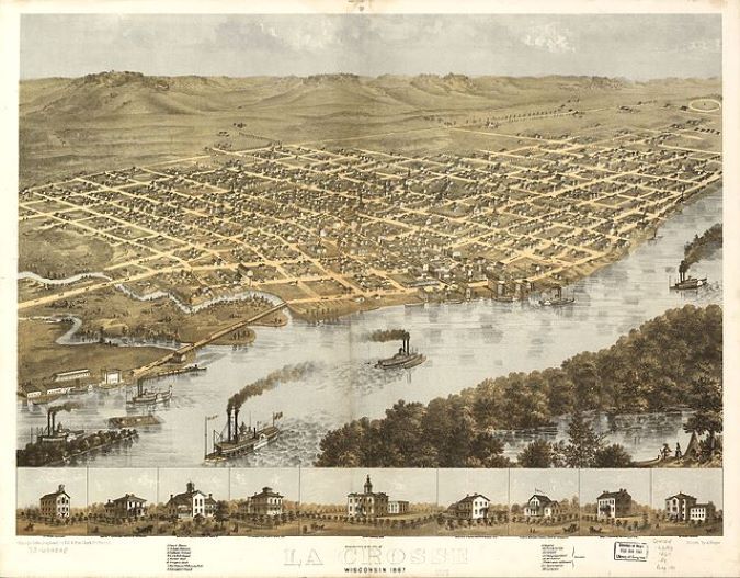 Panoramic illustration of La Crosse in 1867. 
