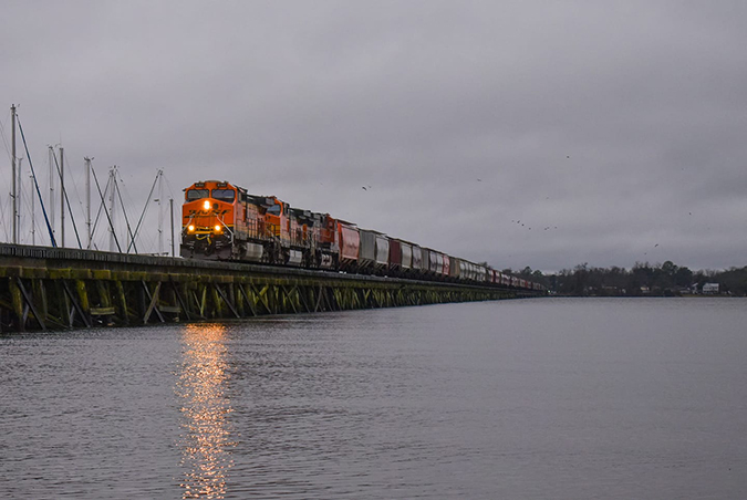 A trio of BNSF locomotives on Norfolk Southern’s Neuse River bridge in New Bern, North Carolina, was captured by Jon Celotto. 