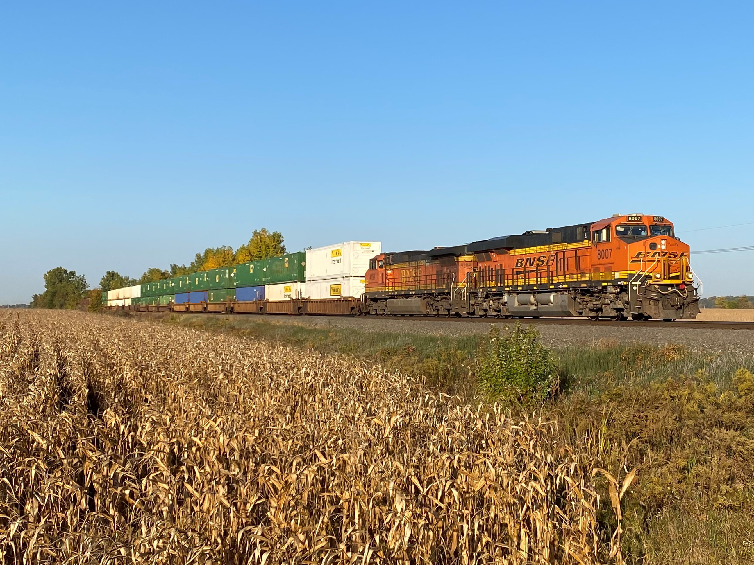 An intermodal train with BNSF locomotives in the lead. Photo taken near Bryan, Ohio, by Chris Wehman.