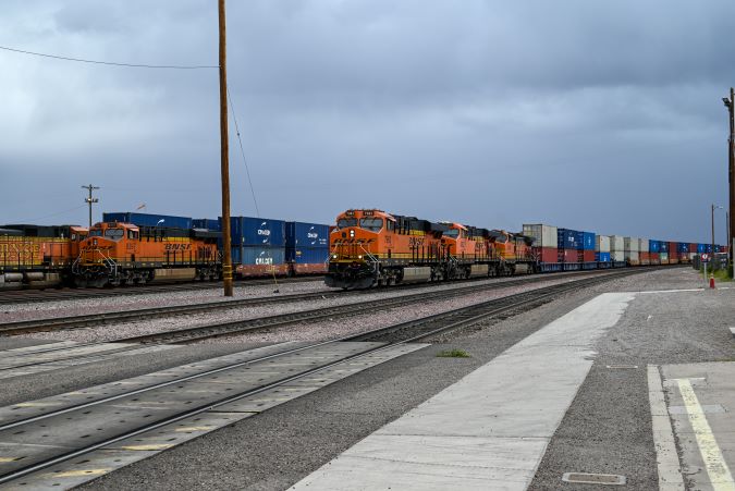 Intermodal trains at the BNSF terminal in Needles, California.