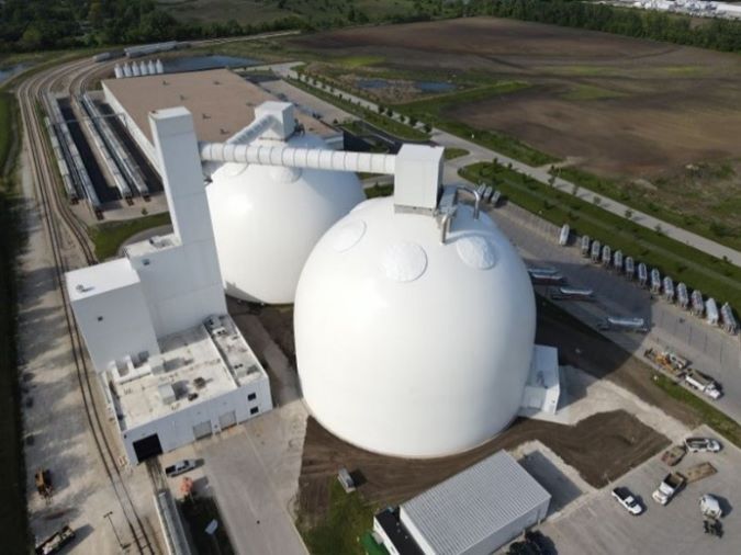 Two sugar storage domes in Montgomery Illinois. On average, the domes have a capacity for about 140 million pounds of sugar, which is equivalent to about 660 railcars. 