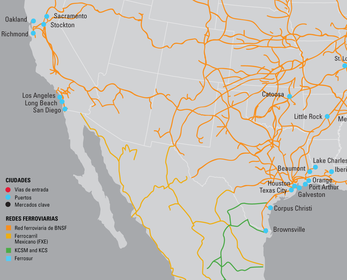 Mapa de las vías de entrada entre EE. UU. y México de BNSF