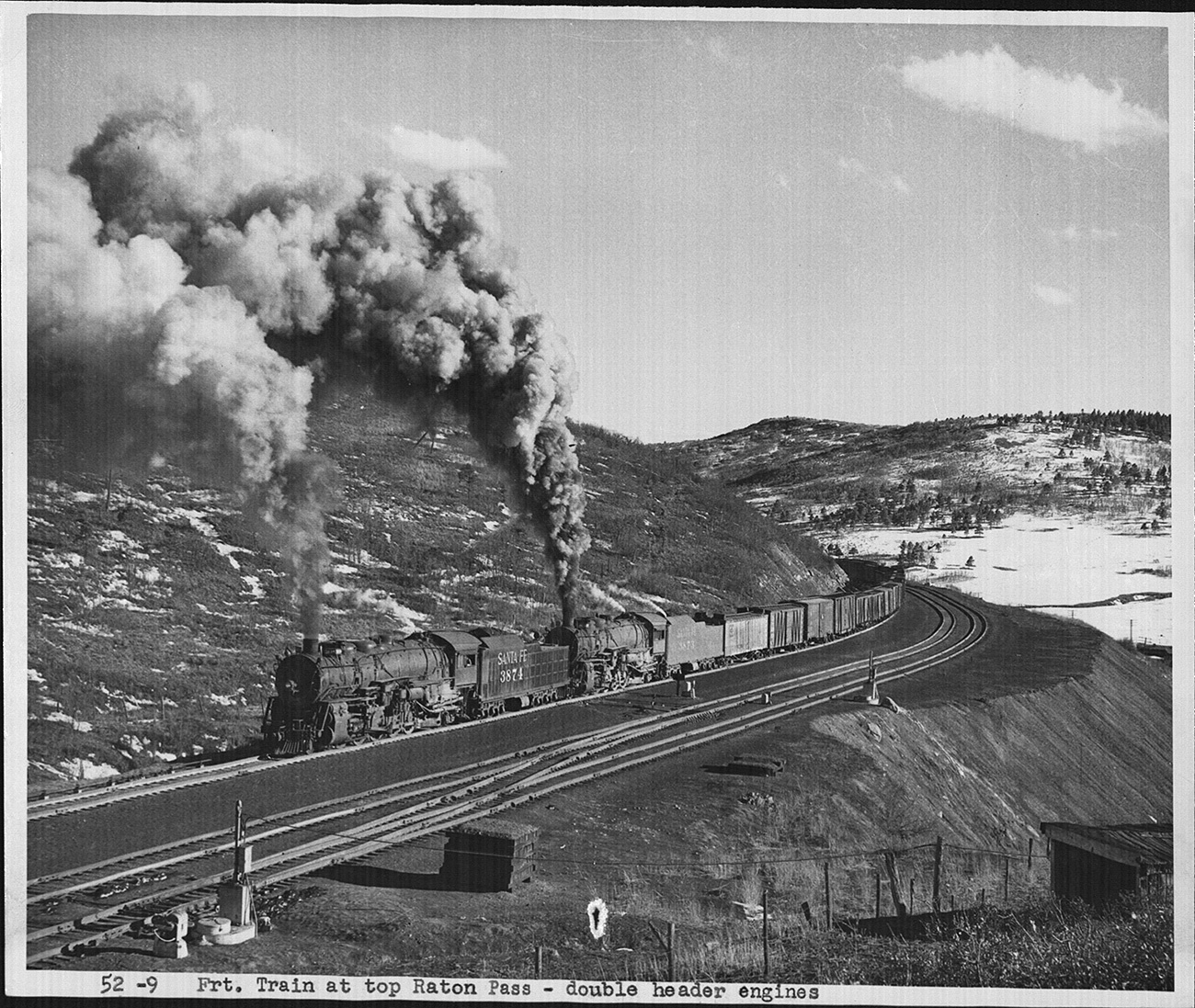 A dual-engine freight train moves at the top of the Raton Pass. Photo: BNSF Railway archives.