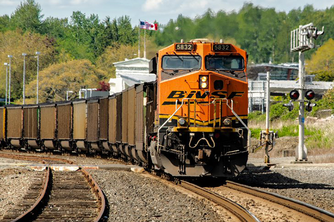A BNSF coal train approaches the U.S.-Canadian border in Blaine, Wash.