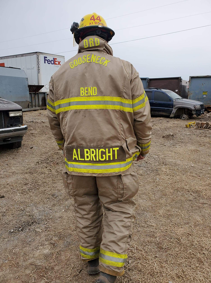 Ryan Albright is a volunteer firefighter with the Gooseneck Bend Fire Department in Oklahoma. 