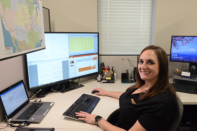 Senior Engineer I Jessica Wieder is analyzing in-train forces for a BNSF train dynamics study.