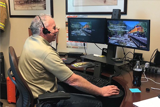 Pat Brady, BNSF’s General Director, Hazardous Materials Safety, hosts a webinar with first responders.
